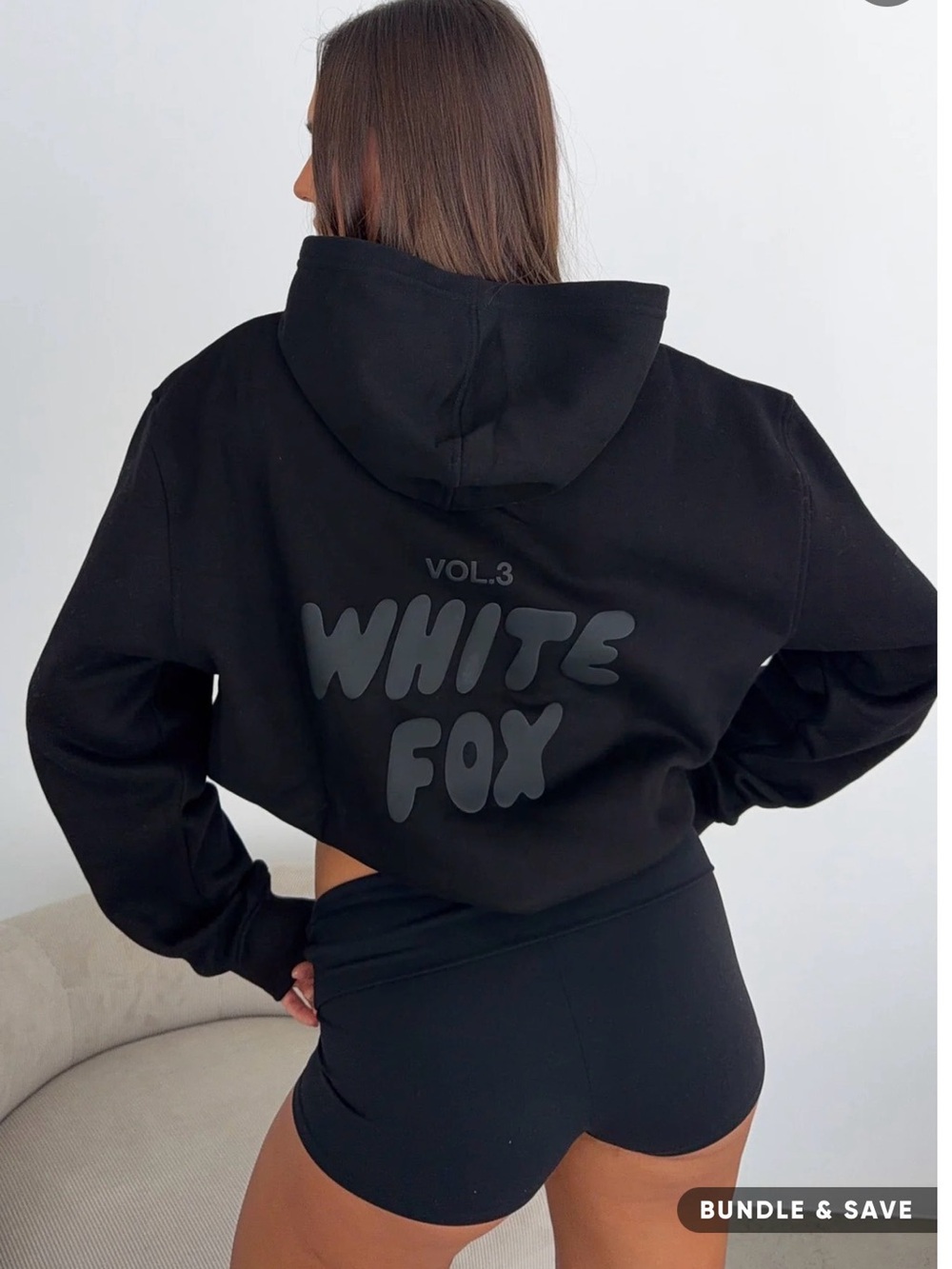 White Fox Boutique Black Cropped Hoodie with Back Logo